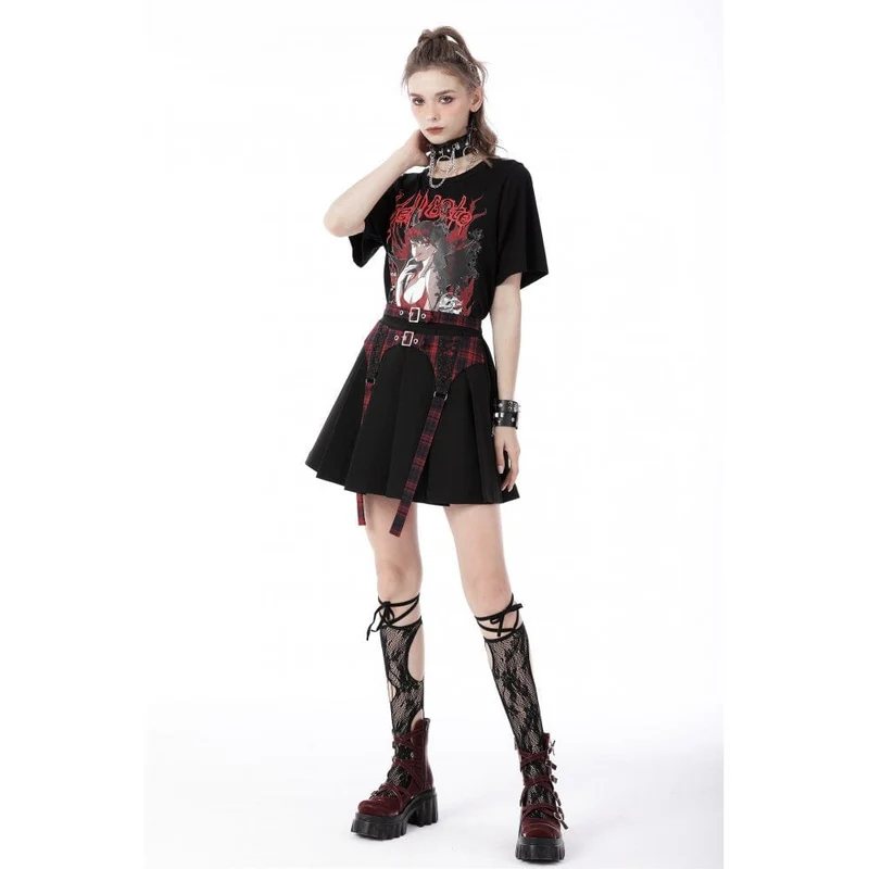 Damen Punk Rock Faltenrock mit rot kariertem Riemen