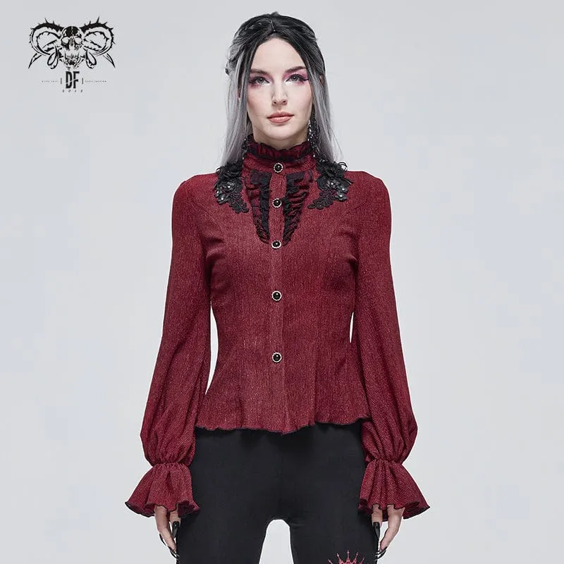 Damen Gothic Riemchen Puffärmel gerafftes rotes Shirt