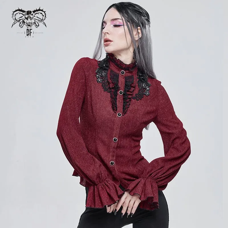 Damen Gothic Riemchen Puffärmel gerafftes rotes Shirt