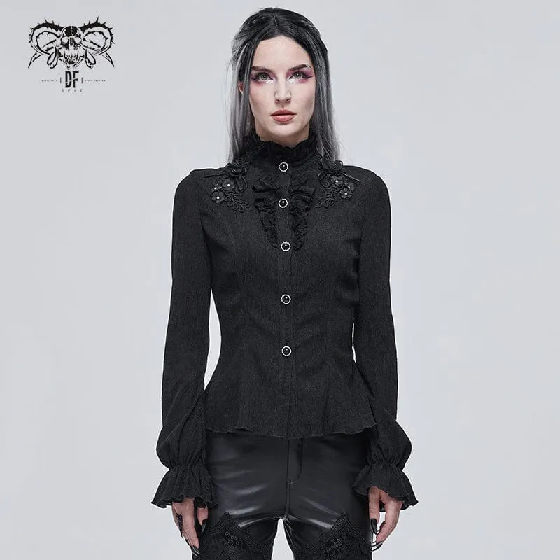 Schwarzes Gothic-Shirt mit Puffärmeln und Riemchen für Damen