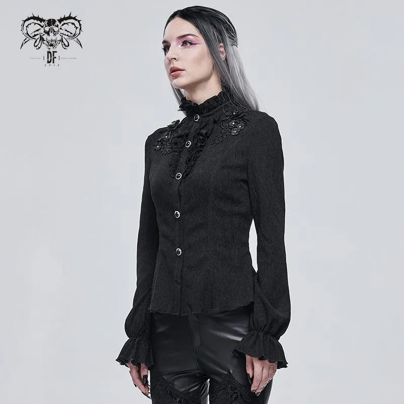 Schwarzes Gothic-Shirt mit Puffärmeln und Riemchen für Damen