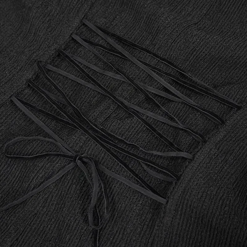 Schwarzes Gothic-Shirt mit Puffärmeln und Riemchen für Damen