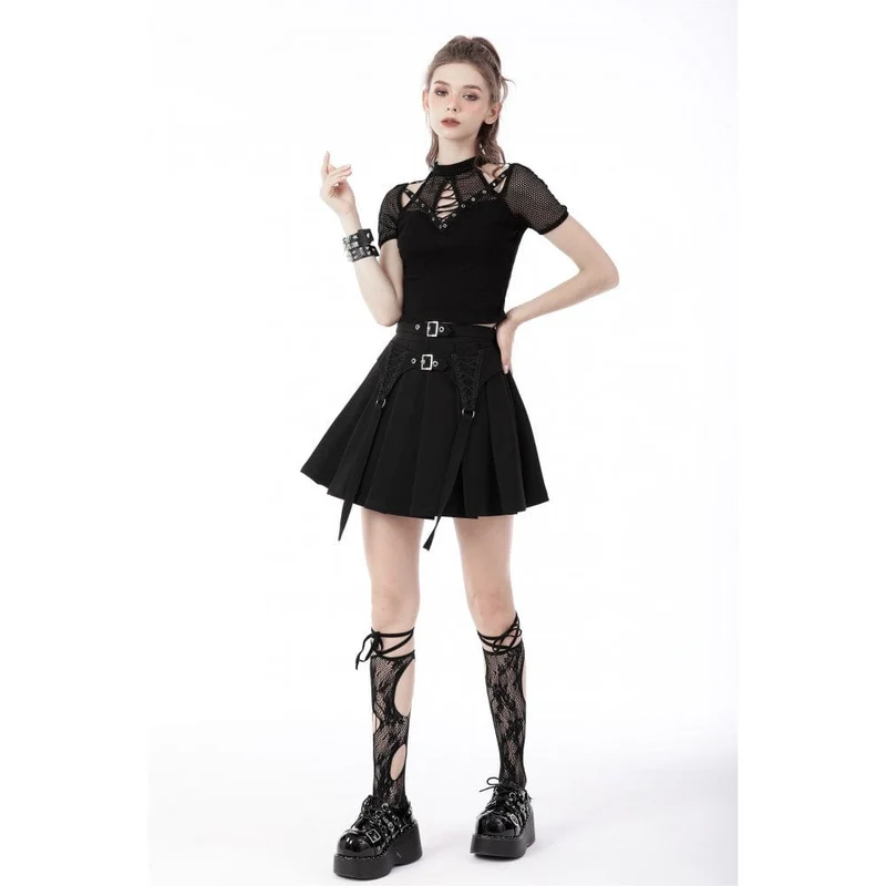 Kurzärmliges Mesh-Oberteil mit Punkrock-Ausschnitt für Damen