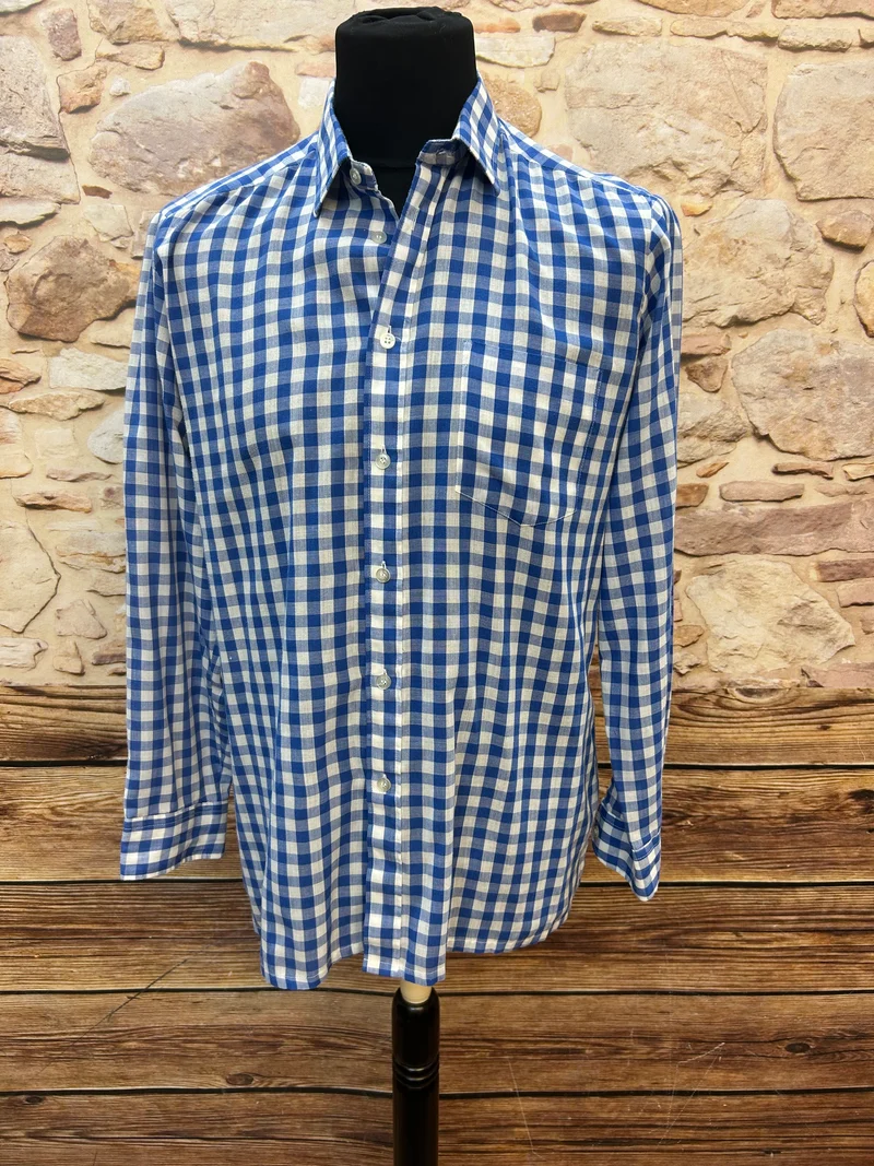 Vintage Herrenhemd blau weiß kariert Kent-Kragen Gr. 40