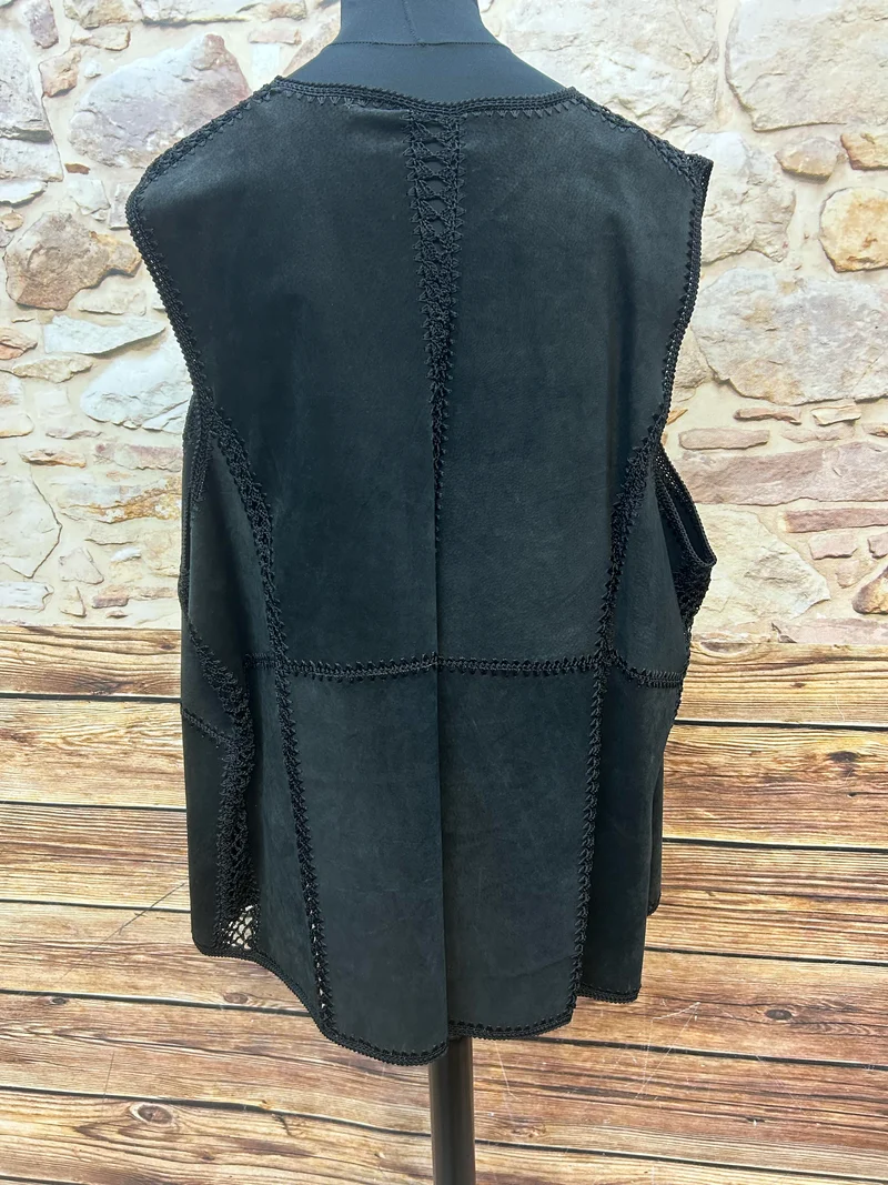 1970er Vintage Damen Weste Wildleder schwarz Patchwork Stickerei – XXXL