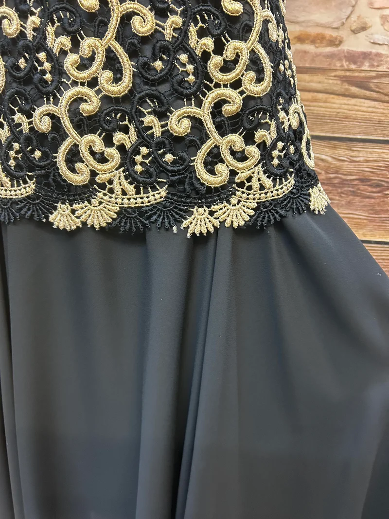 Vintage Stickkleid Schwarz-Gold Gr. 42 mit tiefer Taille