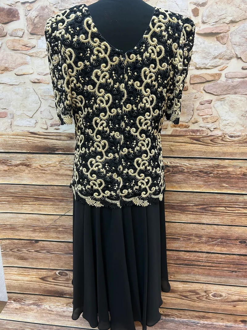 Vintage Stickkleid Schwarz-Gold Gr. 42 mit tiefer Taille