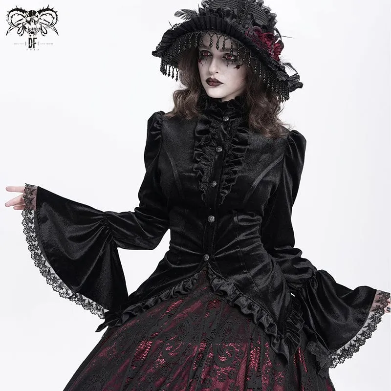 Gothic-Hemd mit ausgestellten Ärmeln, Rüschen und Schwalbenschwanz für Damen in Schwarz