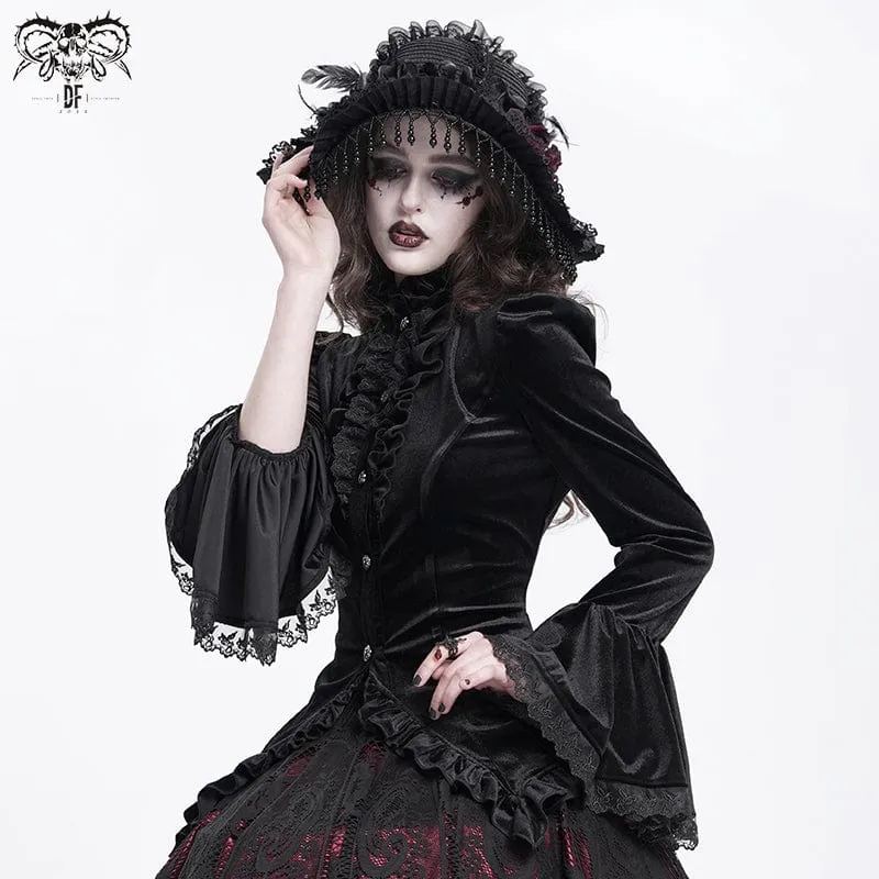 Gothic-Hemd mit ausgestellten Ärmeln, Rüschen und Schwalbenschwanz für Damen in Schwarz