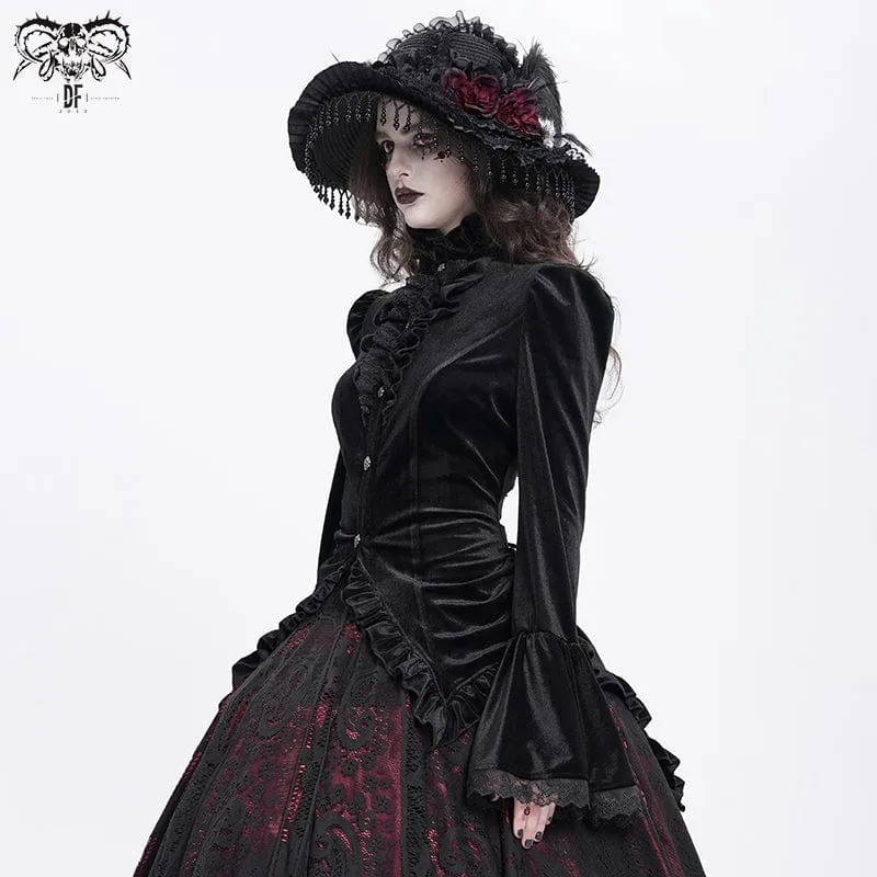 Gothic-Hemd mit ausgestellten Ärmeln, Rüschen und Schwalbenschwanz für Damen in Schwarz