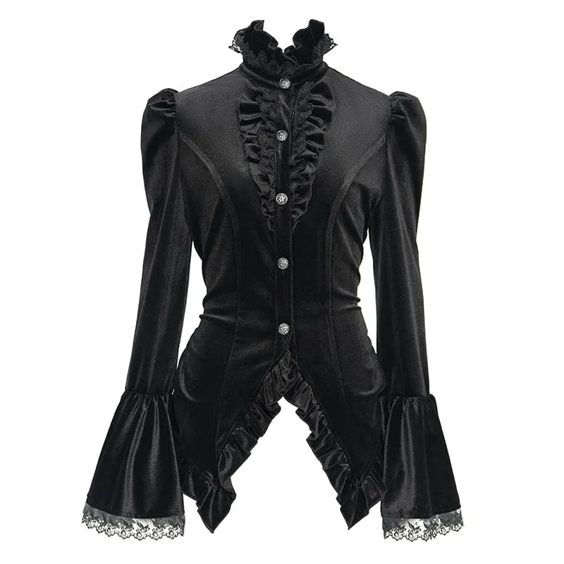 Gothic-Hemd mit ausgestellten Ärmeln, Rüschen und Schwalbenschwanz für Damen in Schwarz