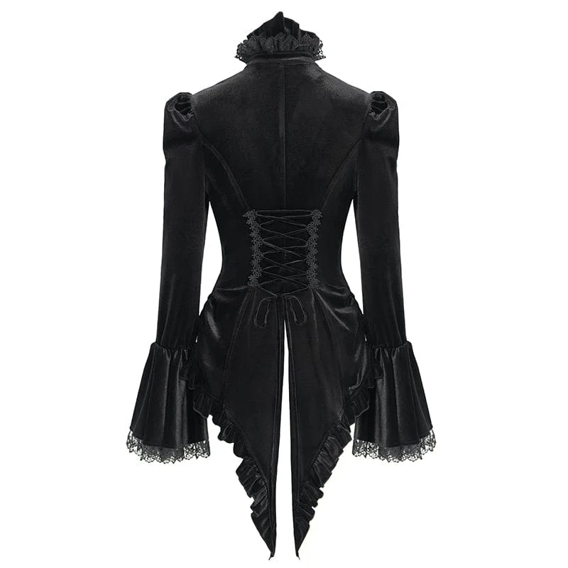 Gothic-Hemd mit ausgestellten Ärmeln, Rüschen und Schwalbenschwanz für Damen in Schwarz