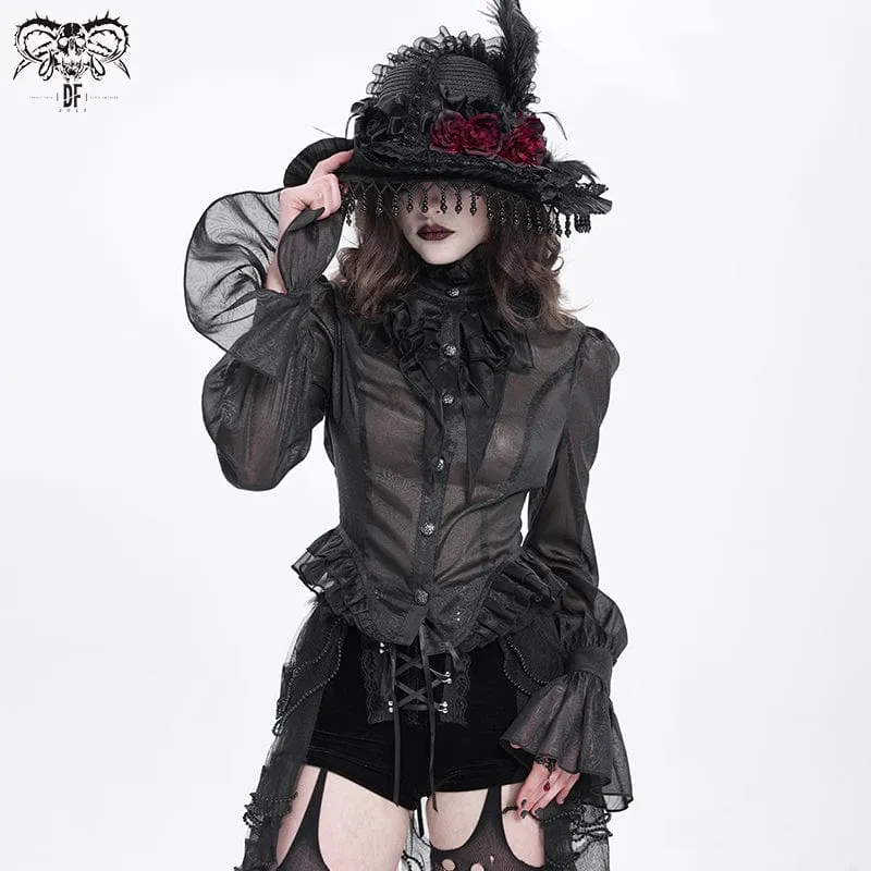Gothic-Hemd mit Stehkragen, Rüschen und Schwalbenschwanz für Damen