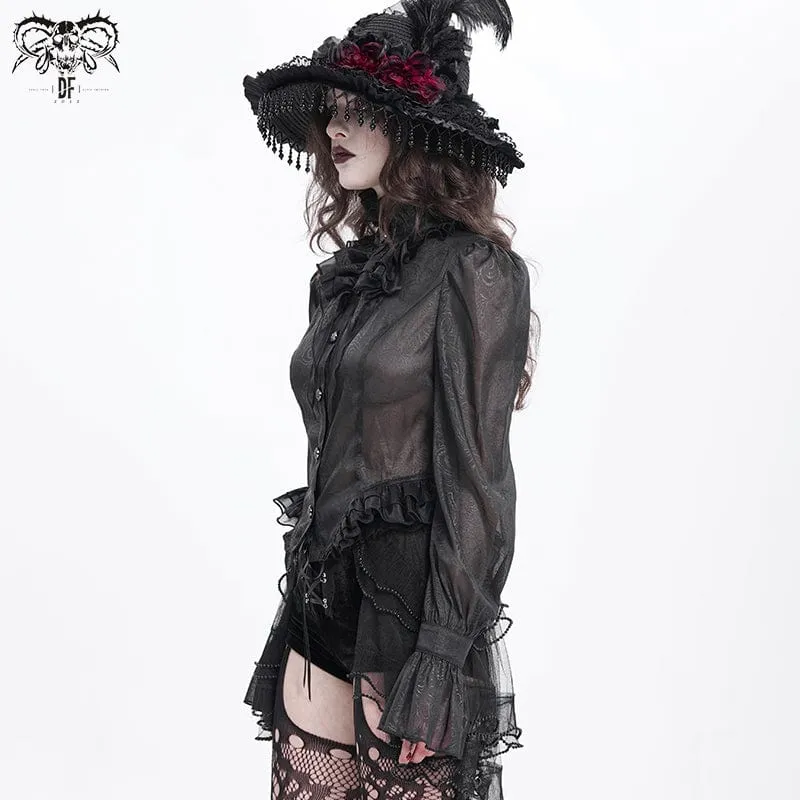 Gothic-Hemd mit Stehkragen, Rüschen und Schwalbenschwanz für Damen