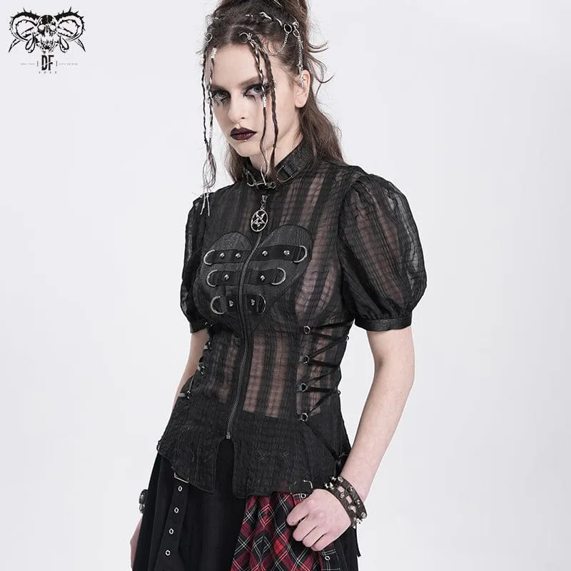 Transparentes Gothic-Shirt mit Stehkragen und Puffärmeln für Damen