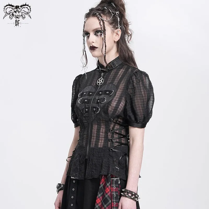 Transparentes Gothic-Shirt mit Stehkragen und Puffärmeln für Damen