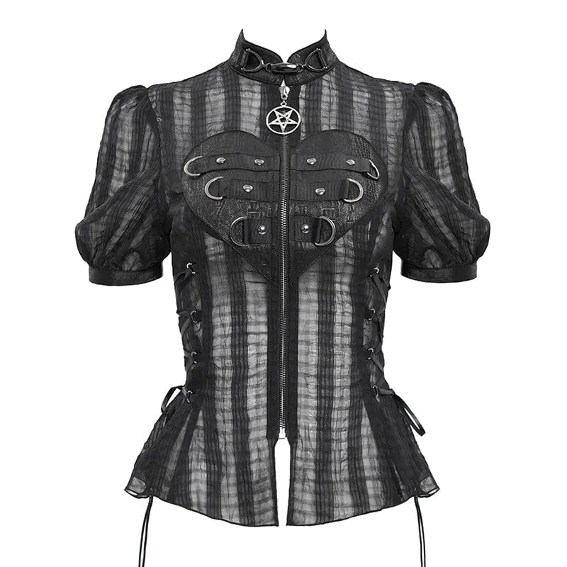 Transparentes Gothic-Shirt mit Stehkragen und Puffärmeln für Damen