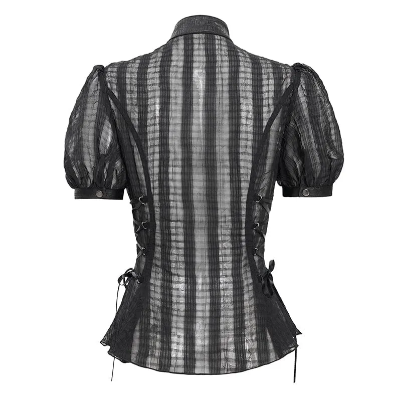 Transparentes Gothic-Shirt mit Stehkragen und Puffärmeln für Damen