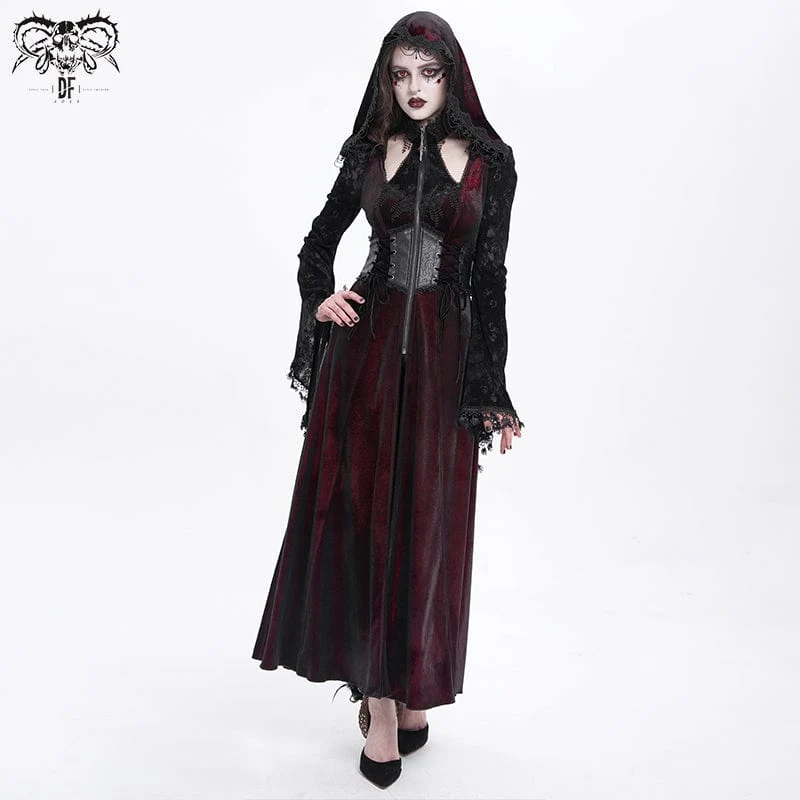 Gothic Cutout Beflockter Samtmantel für Damen mit Kapuze Rot