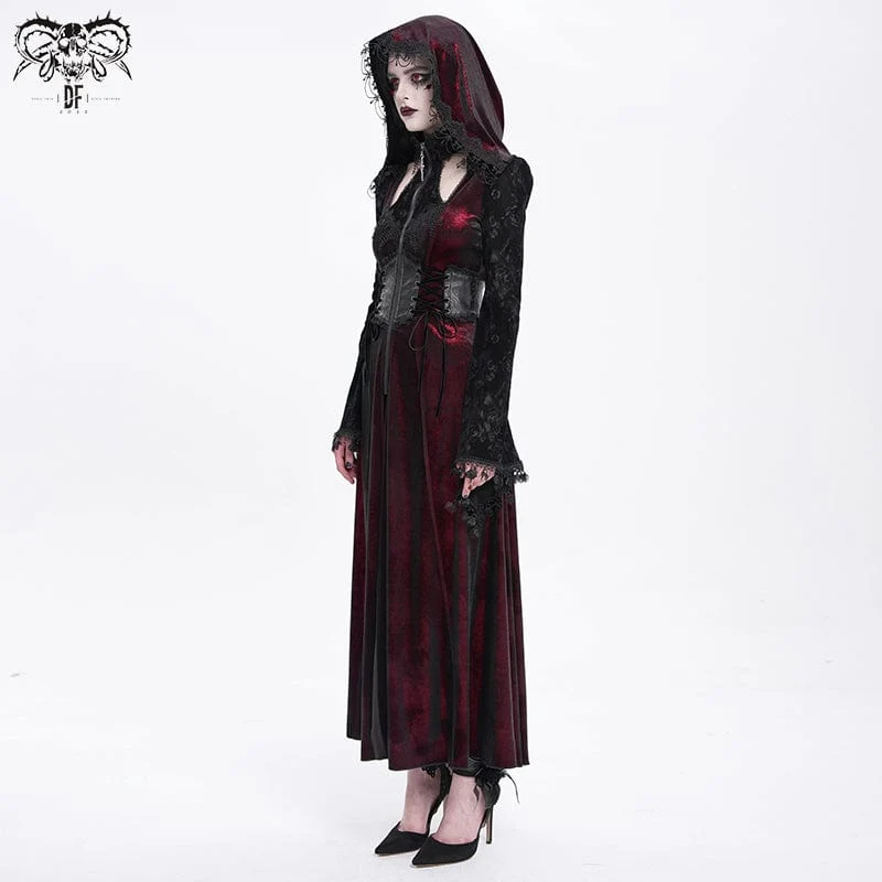 Gothic Cutout Beflockter Samtmantel für Damen mit Kapuze Rot