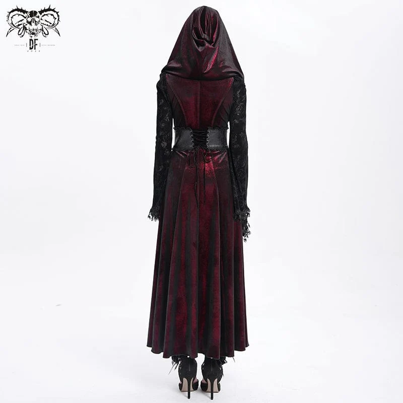 Gothic Cutout Beflockter Samtmantel für Damen mit Kapuze Rot