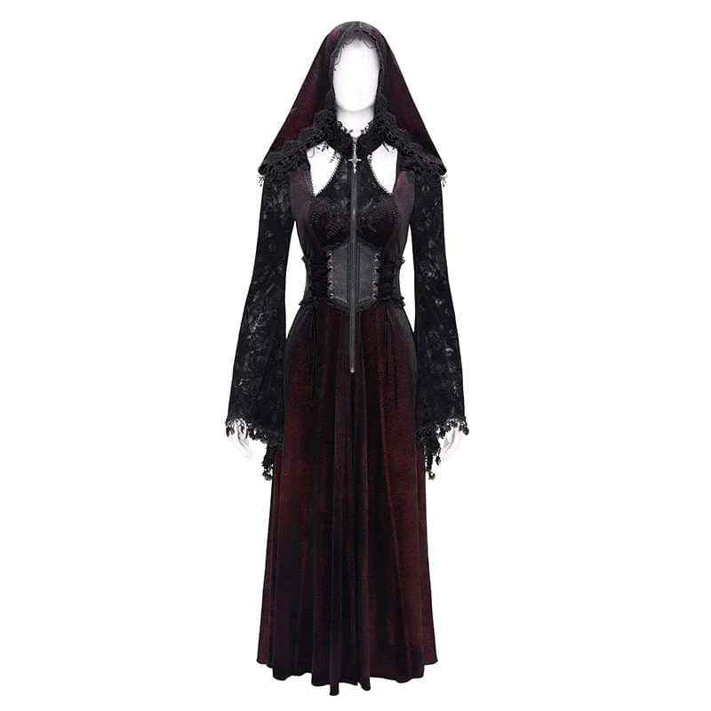 Gothic Cutout Beflockter Samtmantel für Damen mit Kapuze Rot