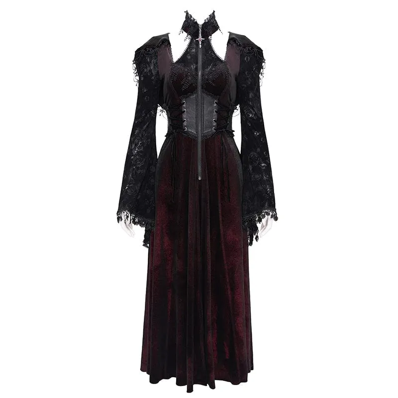 Gothic Cutout Beflockter Samtmantel für Damen mit Kapuze Rot