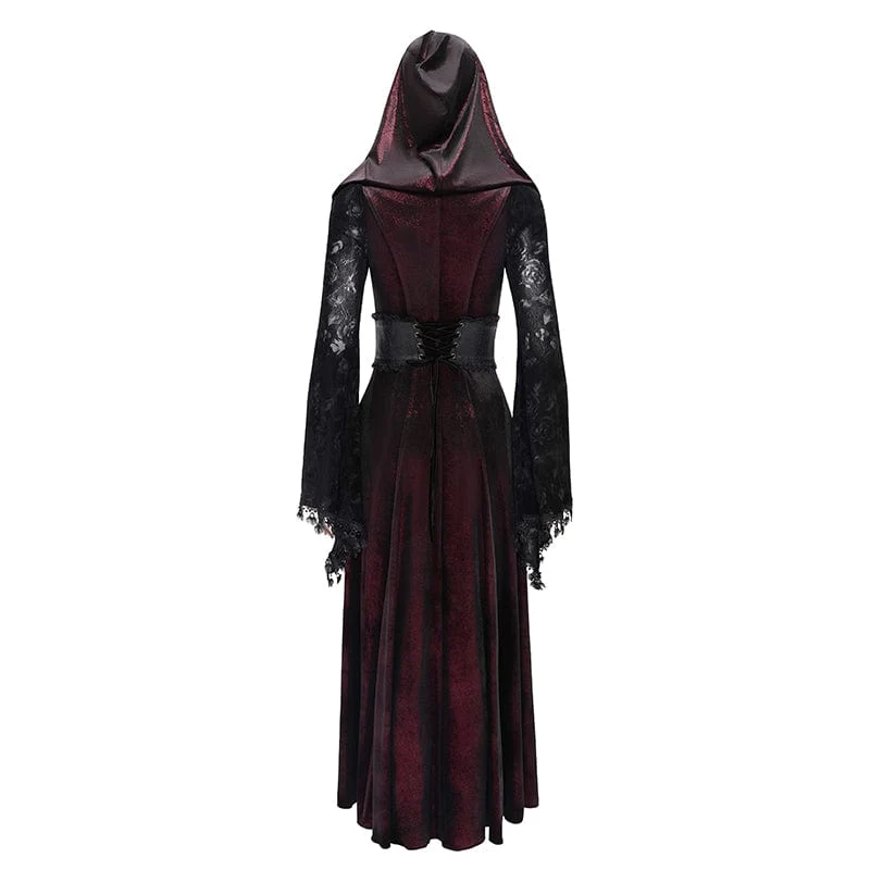 Gothic Cutout Beflockter Samtmantel für Damen mit Kapuze Rot