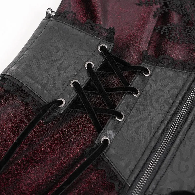 Gothic Cutout Beflockter Samtmantel für Damen mit Kapuze Rot