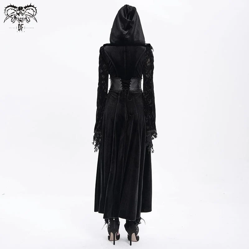 Gothic Cutout Beflockter Samtmantel für Damen mit Kapuze Schwarz