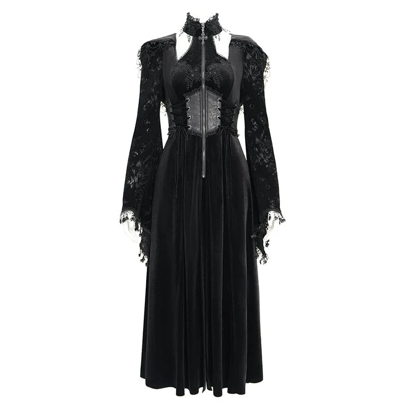 Gothic Cutout Beflockter Samtmantel für Damen mit Kapuze Schwarz