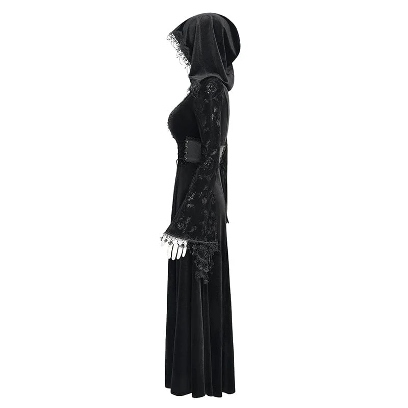 Gothic Cutout Beflockter Samtmantel für Damen mit Kapuze Schwarz