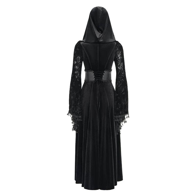 Gothic Cutout Beflockter Samtmantel für Damen mit Kapuze Schwarz