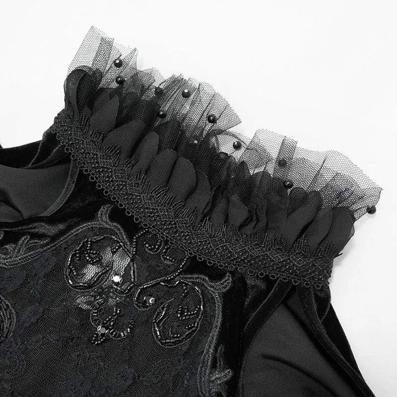 Damen Vintage Gothic Schwarzes Spitzen-Overlay-Kurzkleid mit ausgestellten Ärmeln Hochzeitskleid