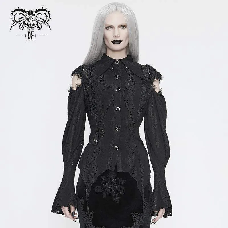 Damen Gothic Punk Black Full Sleeved Asymmetrical Spitze und Cord Detail Shirt