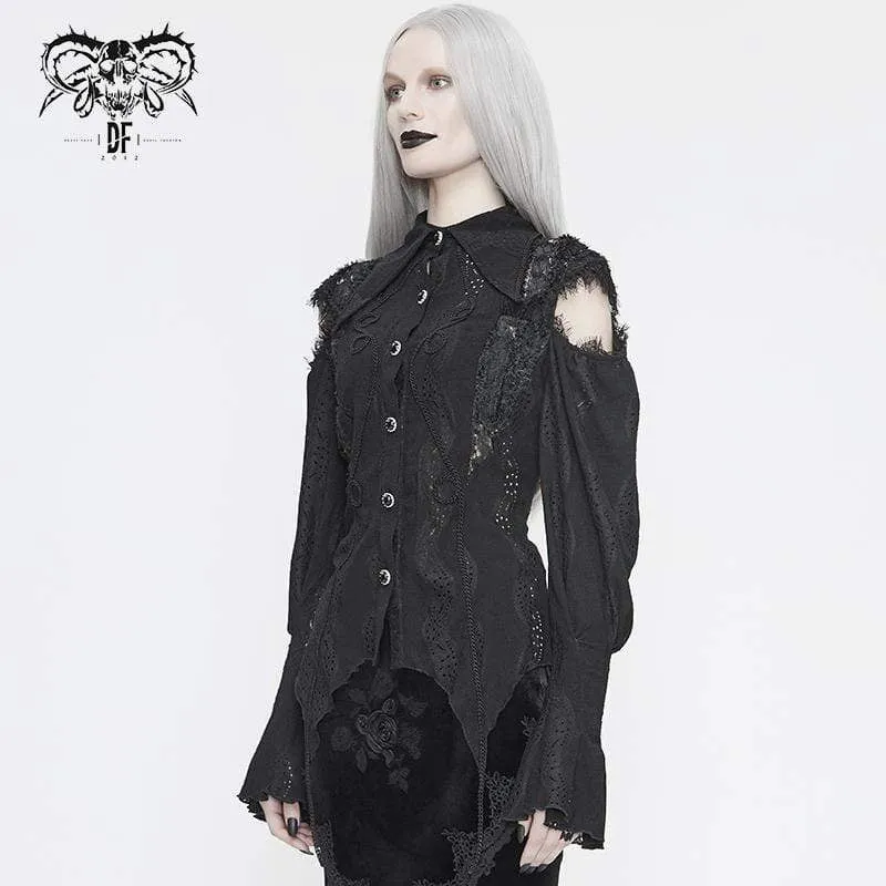 Damen Gothic Punk Black Full Sleeved Asymmetrical Spitze und Cord Detail Shirt
