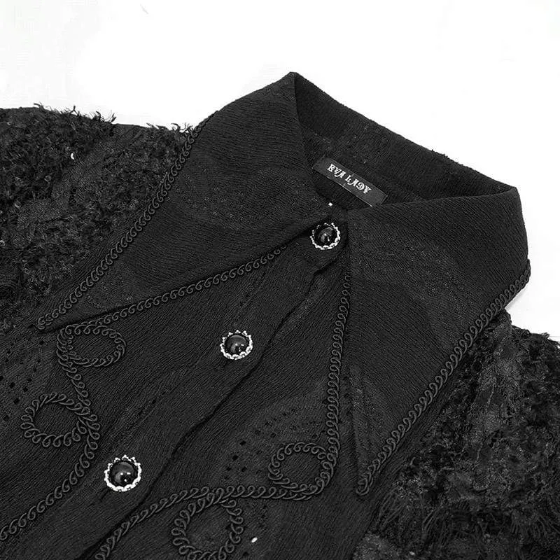 Damen Gothic Punk Black Full Sleeved Asymmetrical Spitze und Cord Detail Shirt
