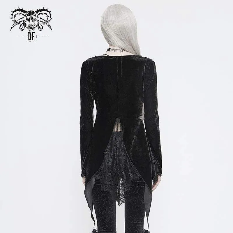 Damen Vintage Gothic Black Velvet und zarte Spitze Asymmetrische Jacke