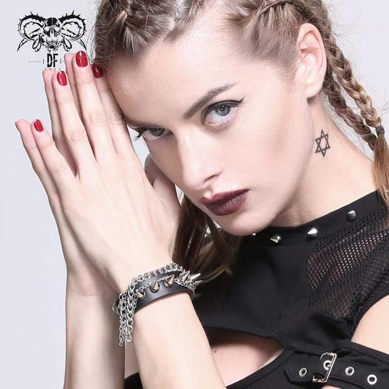 Damen Gothic Punk Black Kunstlederkette und Nieten Armbänder