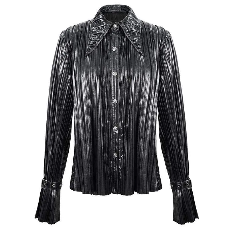 Damen Gothic Black Shimmer Long Ruffle Sleeved Shirts