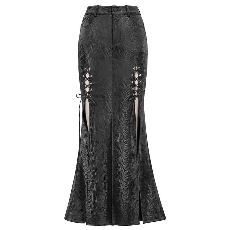 Damen Gothic Black Snakeskin Seitenschlitze Maxiröcke
