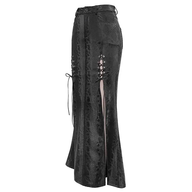 Damen Gothic Black Snakeskin Seitenschlitze Maxiröcke