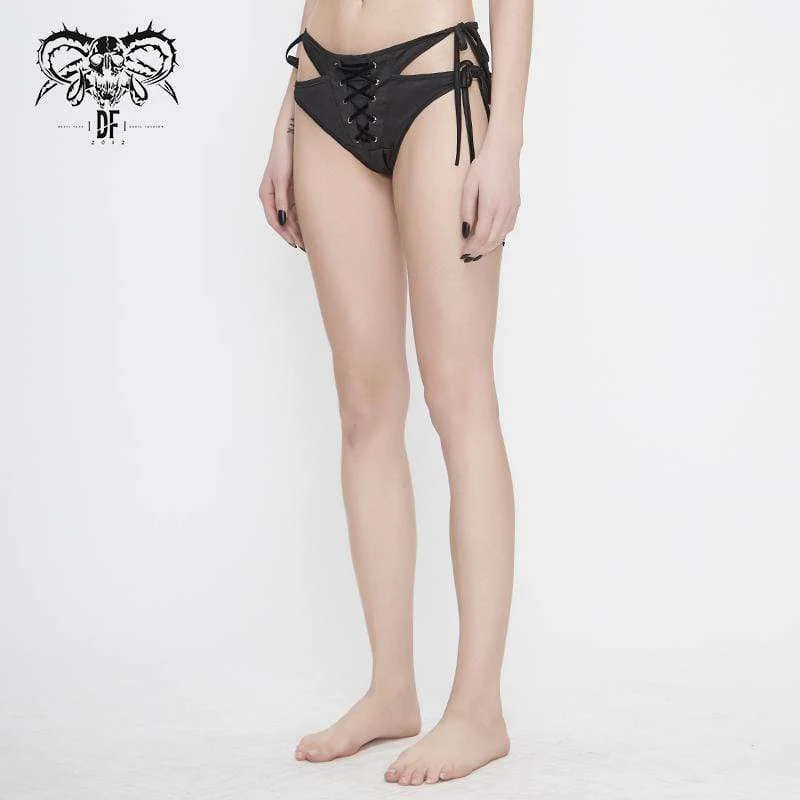 Damen Gothic Black Schnürung Detaillierte Bikini-Hosen