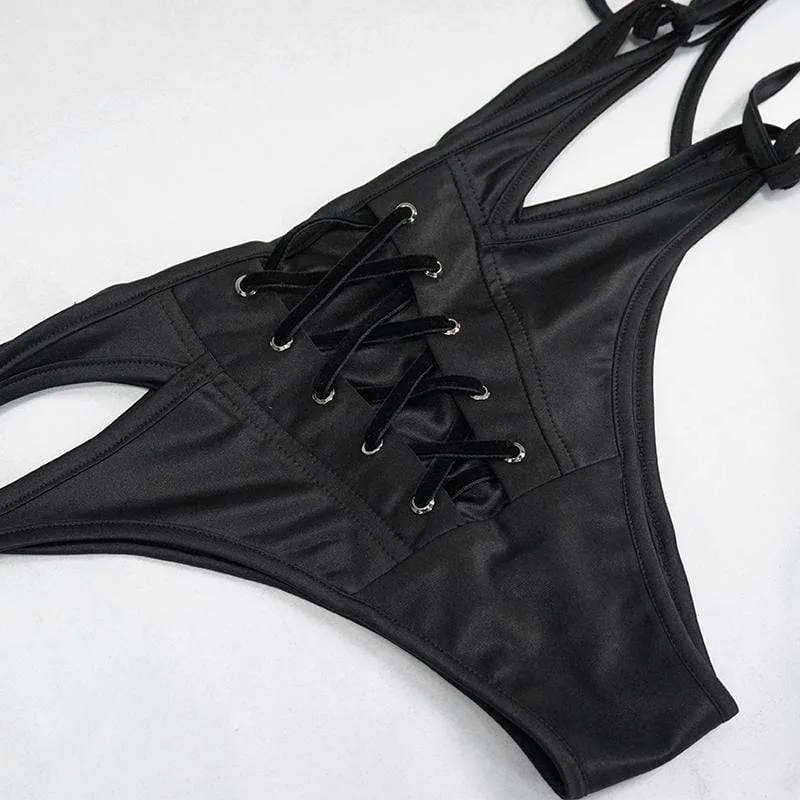 Damen Gothic Black Schnürung Detaillierte Bikini-Hosen