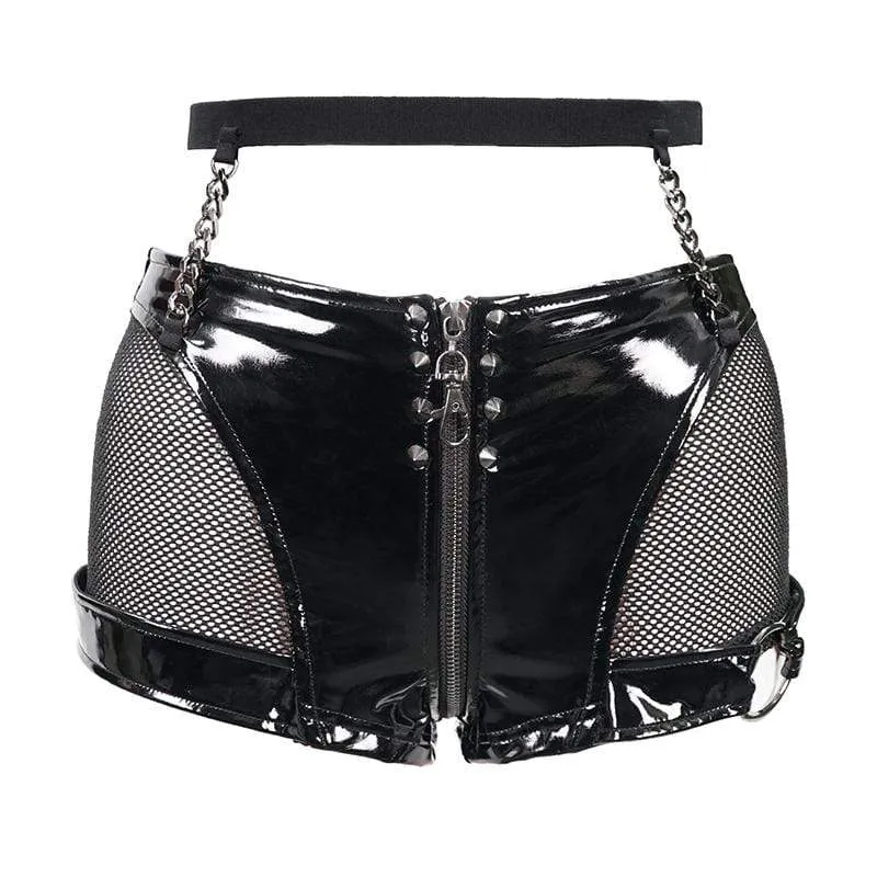 Damen Gothic Black Net Inset Sexy PU Ledershorts