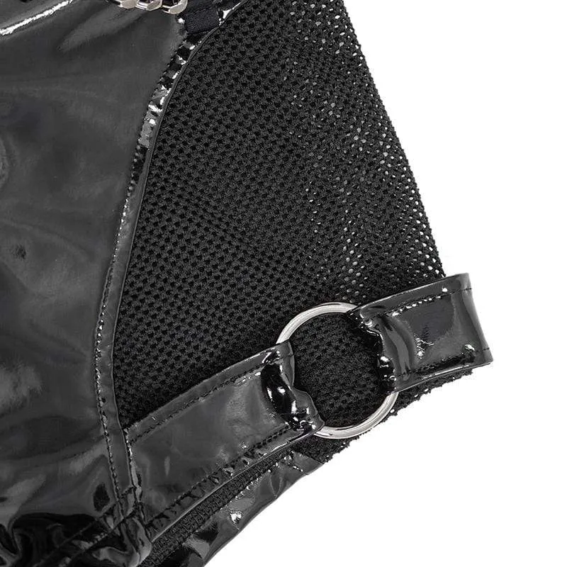 Damen Gothic Black Net Inset Sexy PU Ledershorts