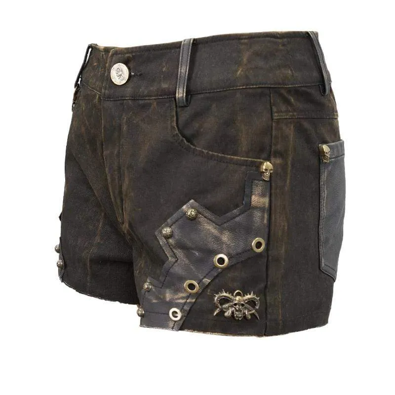 Damen Gothic Schwarz und Kupfernieten Nieten Shorts