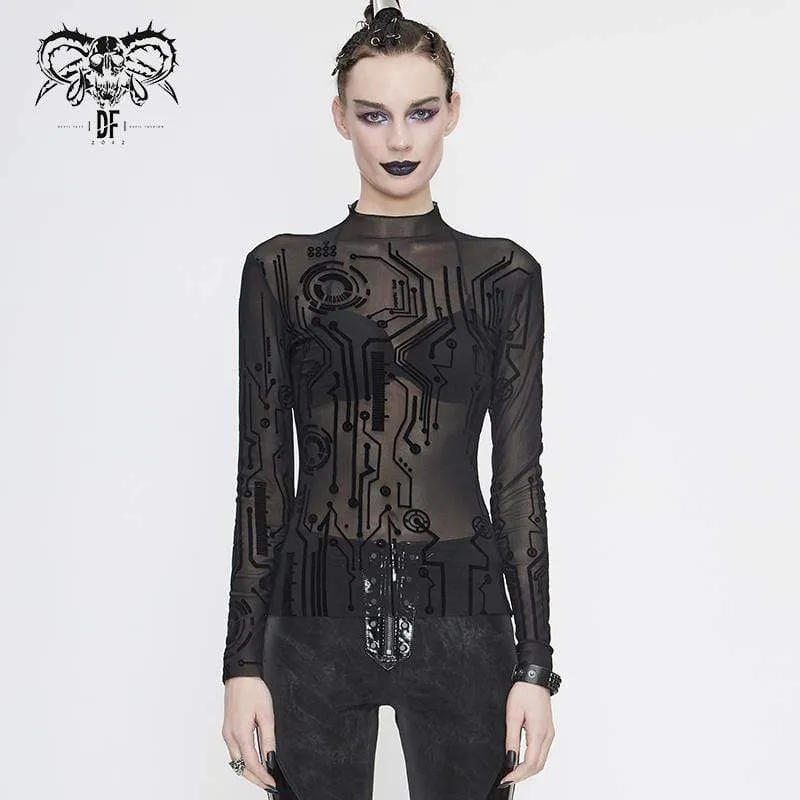 Damen Gothic Full Sleeves High Neck Sheer Lace Tops