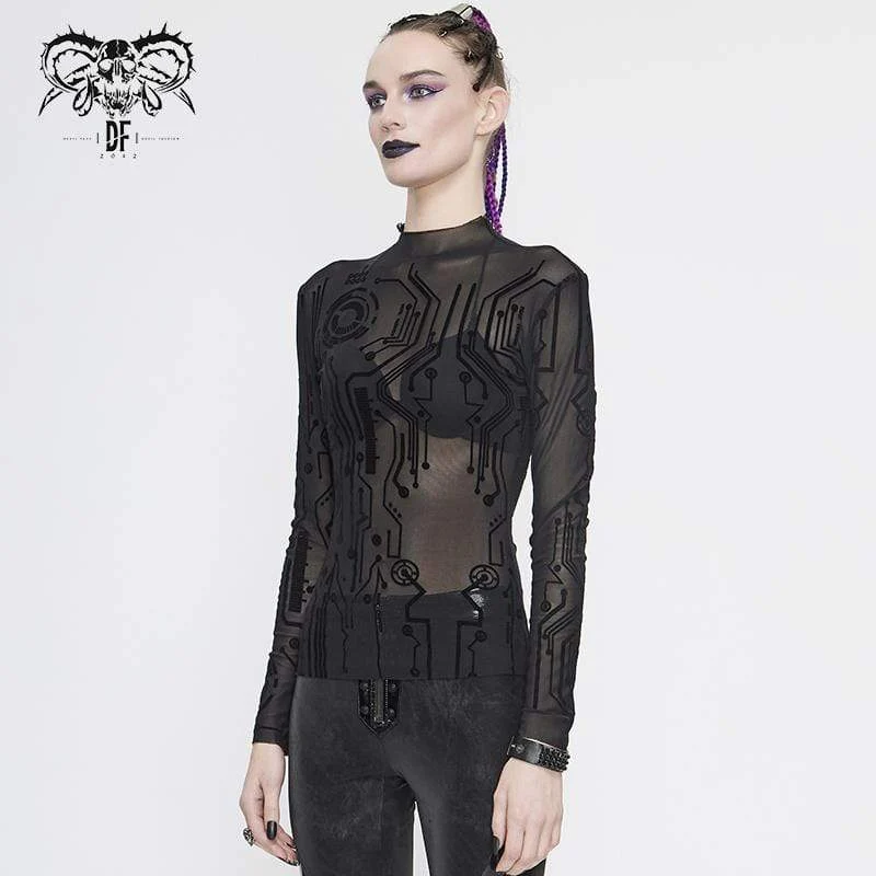 Damen Gothic Full Sleeves High Neck Sheer Lace Tops