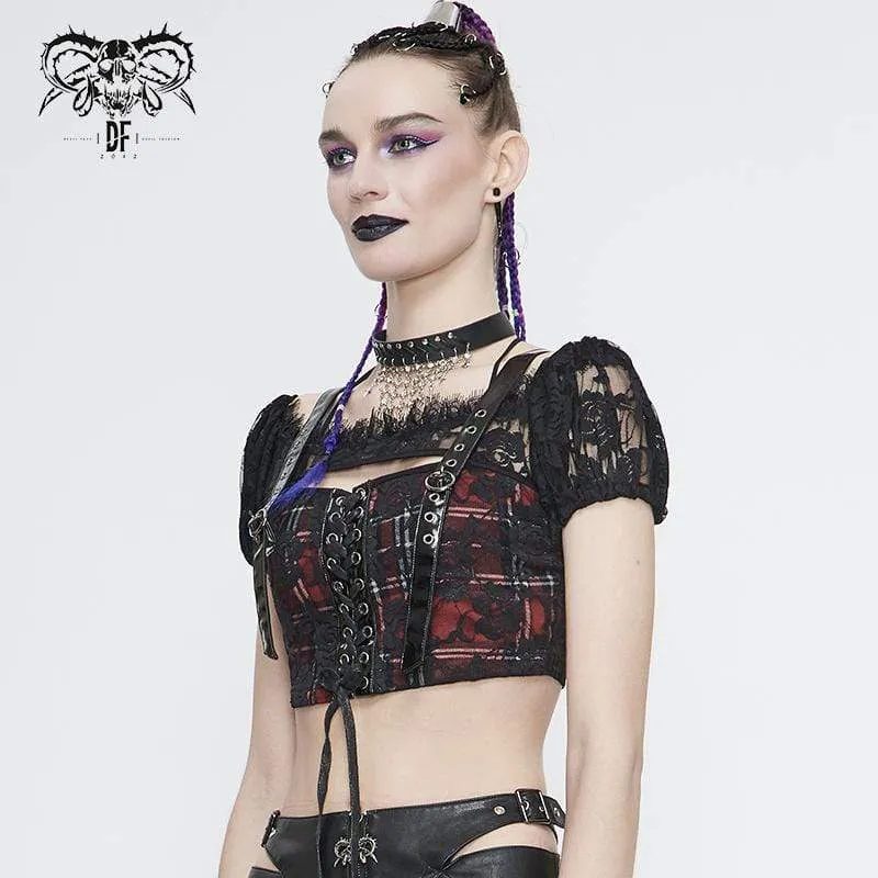 Damen Gothic Lace Overlay Scottish Check Short Puffed Sleeve Tops